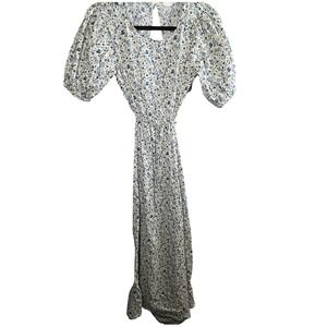 Lush Maxi Dress Floral Small S Cotton Blue White Cut Out Back Short Sleeves